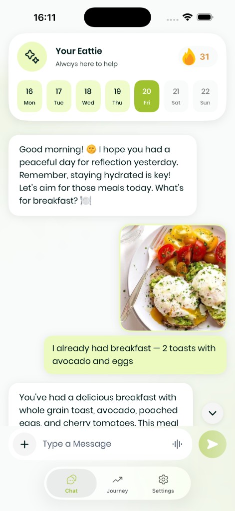 Eattie app - AI nutrition coach with chat, meal logging, and 31-day streak