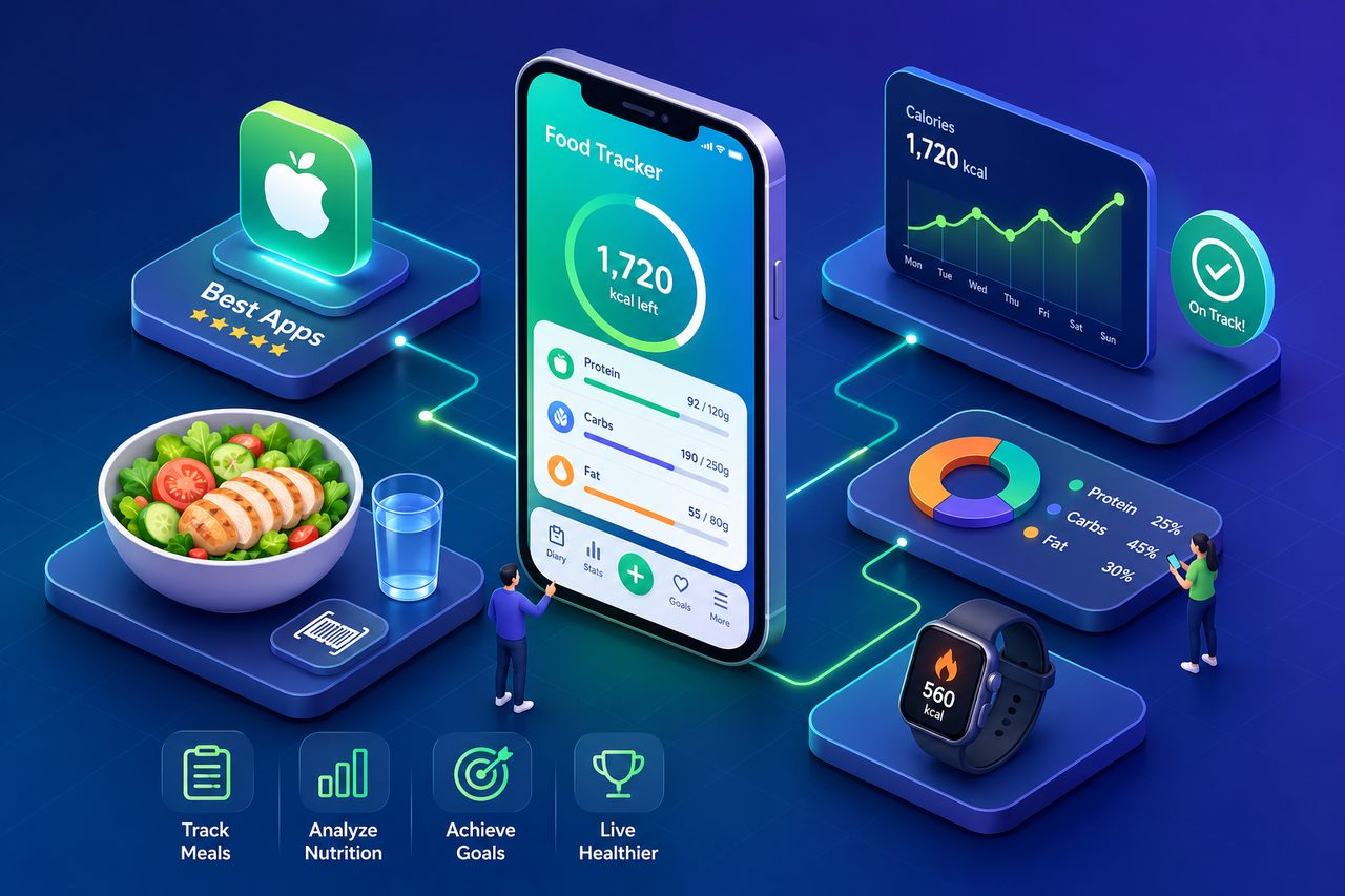 Illustration: food tracker on iPhone with nutrition stats, goals, and healthy meal