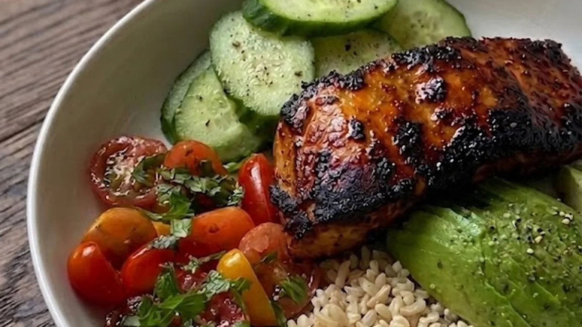 Balanced bowl with salmon, whole grains, avocado, cucumber, and tomato salad