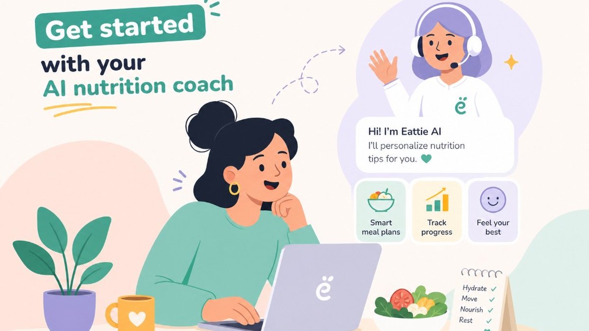 Illustration: person at laptop chatting with Eattie AI nutrition coach, healthy meal and checklist nearby